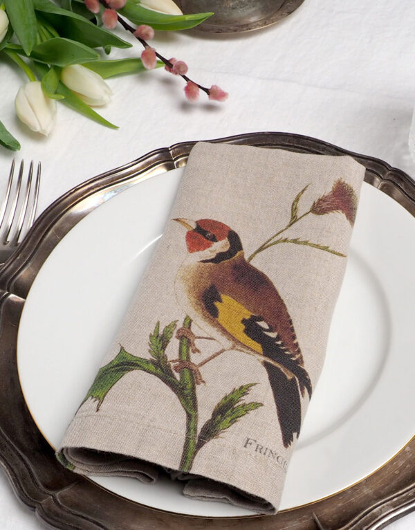printed-napkins-garden-birds-goldfinch Garden Birds printed linen napkins from Linoroom