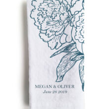 Personalized white wedding floral linen napkins from Linoroom Personalised wedding linen napkin with flower design from Linoroom