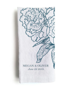 Personalized white wedding floral linen napkins from Linoroom Personalised wedding linen napkin with flower design from Linoroom