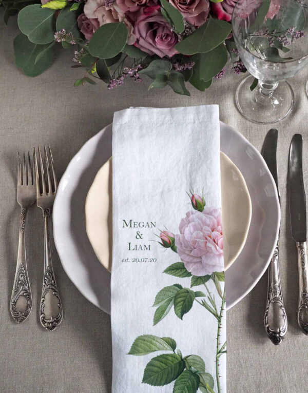 Personalised wedding linen napkin with flower design from Linoroom