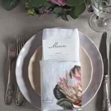 floral-custom-white-linen-party-wedding-napkins-linoroom Personalised wedding linen napkin with flower design from Linoroom