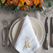 Elegant wedding reception custom linen napkins with newlyweds monogram from Linoroom