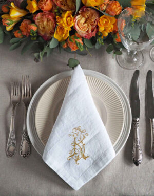 Elegant wedding reception custom linen napkins with newlyweds monogram from Linoroom