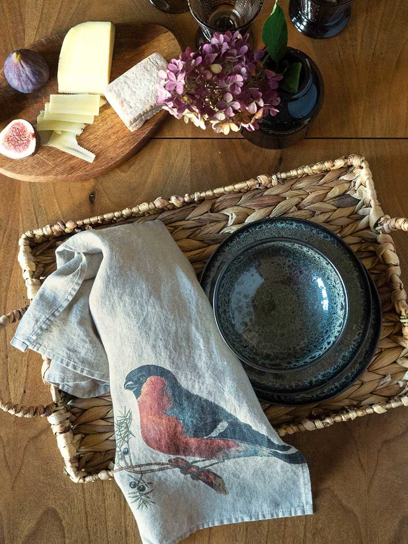 Set of Linen Kitchen Towels With Owl Prints, Forest Birds Tea Towels,  Printed Cabin Kitchen Towel 