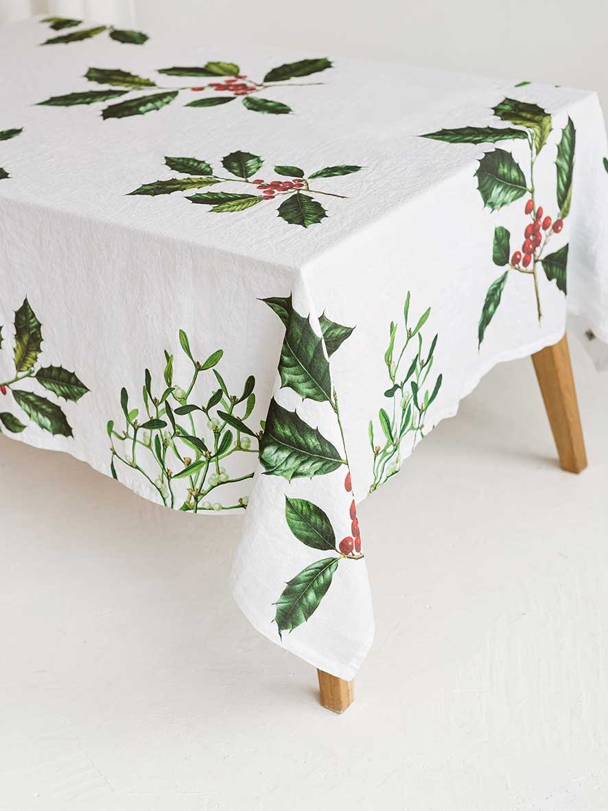 Holly & Mistletoe Christmas White Linen Tablecloth - 170x250cm / 170x330cm