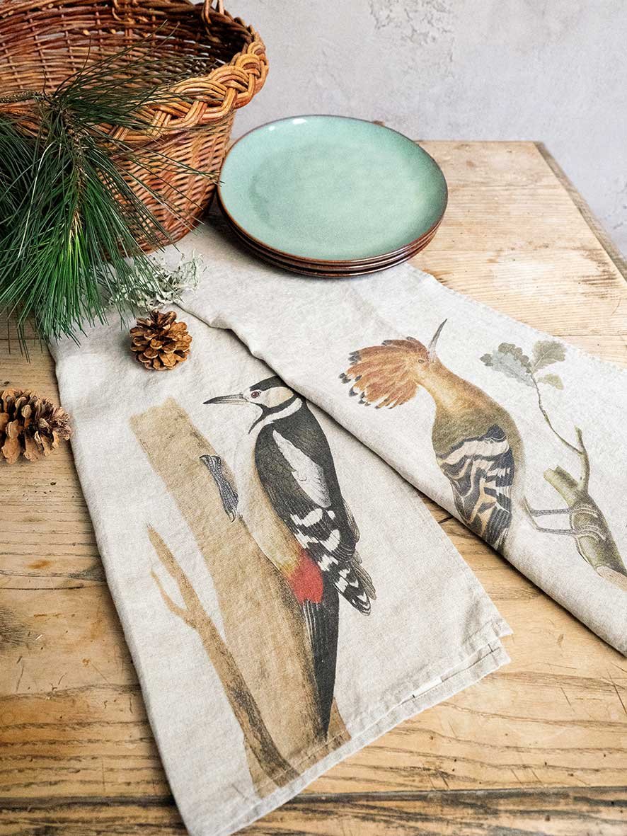 Linen Kitchen Towels Woodpecker & Hoopo (set of 2) - LINOROOM 100
