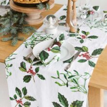 8002SUR-HMW-Linoroom-Table-Runner-Holly-and-Misletoe-Vertical-LR8 Christmas table runner by linoroom