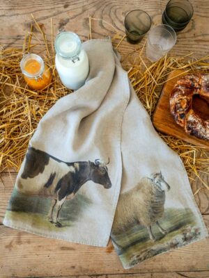 Cow and Sheep farmhouse linen kitchen towels by Linoroom