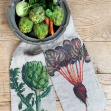 Artichoke and beetroot farmhouse linen kitchen towels by Linoroom