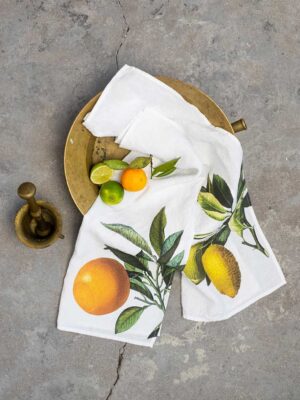 Lemon and Orange mediterranean wite linen kitchen towels by Linoroom