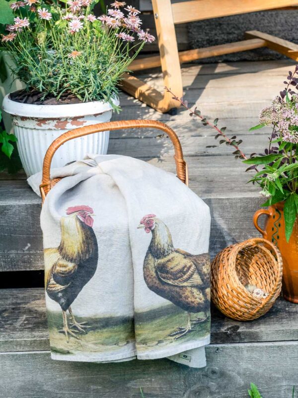 6001M-RH-Linoroom-kitchen-towels-Rooster-and-Hen-LR10B Rooster and Hen farmhouse linen kitchen towels by Linoroom