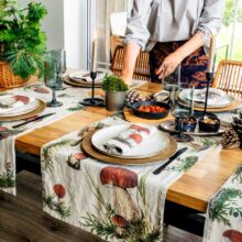 8002SUR-FM-Linoroom-Table-Runner-Mushrooms-LR9 Forest Mushrooms linen table runner by Linoroom