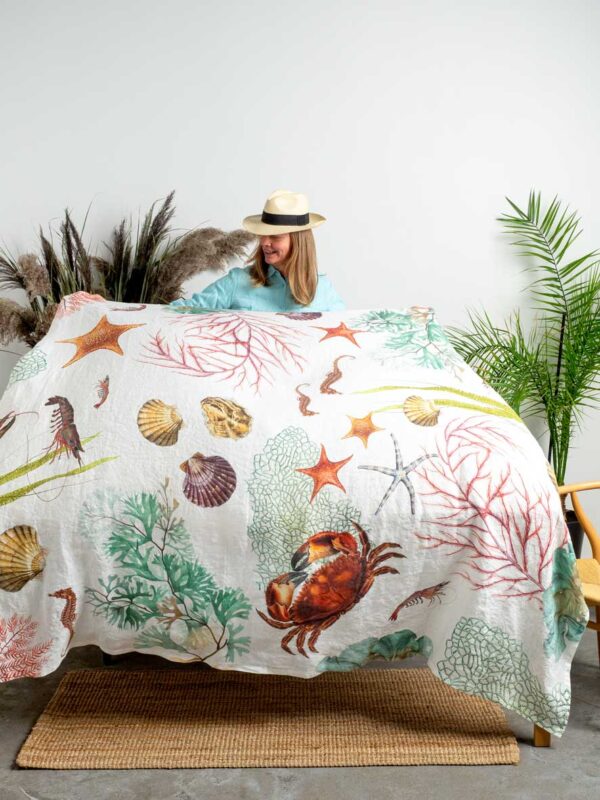 4006S-OAO-Linoroom-Tablecloth-Ocean-Animals-Vertical-LR11 Ocean Animals linen tablecloth by Linoroom