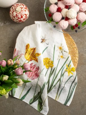 Tulips and Daffodils White Linen Kitchen Towels by Linoroom