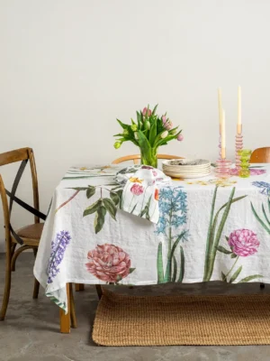 Early Flowers White Linen Tablecloth by Linoroom