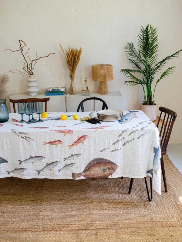 4006S-SFO-Linoroom-Tablecloth-Sea-Fish-LR22 Sea Fish white linen tablecloth by linoroom
