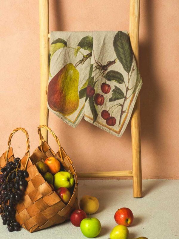 Pear and Cherries linen kitchen towels by Linoroom