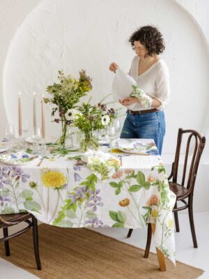 White linen tablecloth Field Flowers by Linoroom