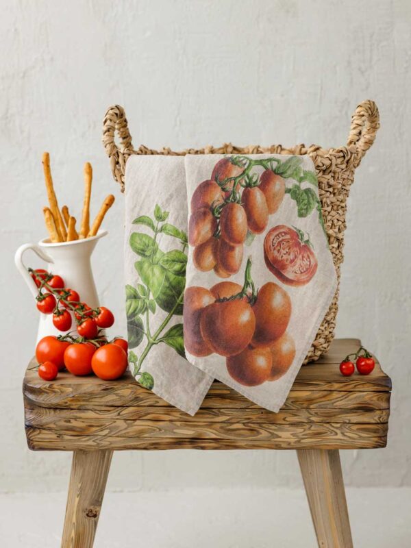 6001M-TB-Linoroom-Kitchen-Towels-Tomato&Basil-Vertical-LR-2 Tomatoes and basil linen kitchen towels by linoroom