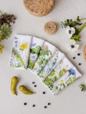 Field flowers white linen napkins by Linoroom