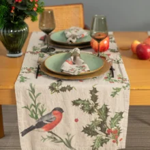 Winter Bulfinch Christmas Linen Table Runner by Linoroom