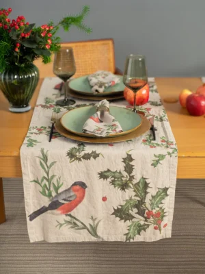 Winter Bulfinch Christmas Linen Table Runner by Linoroom