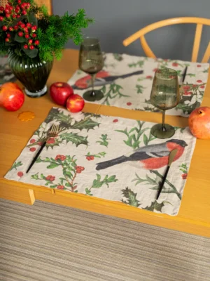 Winter Bulfinch linen christmas placemats by Linoroom