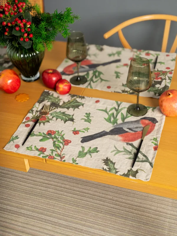 Winter Bulfinch linen christmas placemats by Linoroom