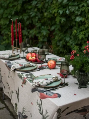 Winter Bulfinch Christmas linen tablecloth by Linoroom