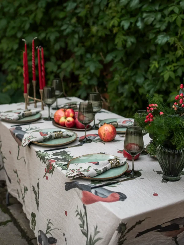 4006S-WB Linoroom Tablecloth Winter Bullfinch WEB 11 Winter Bulfinch Christmas linen tablecloth by Linoroom